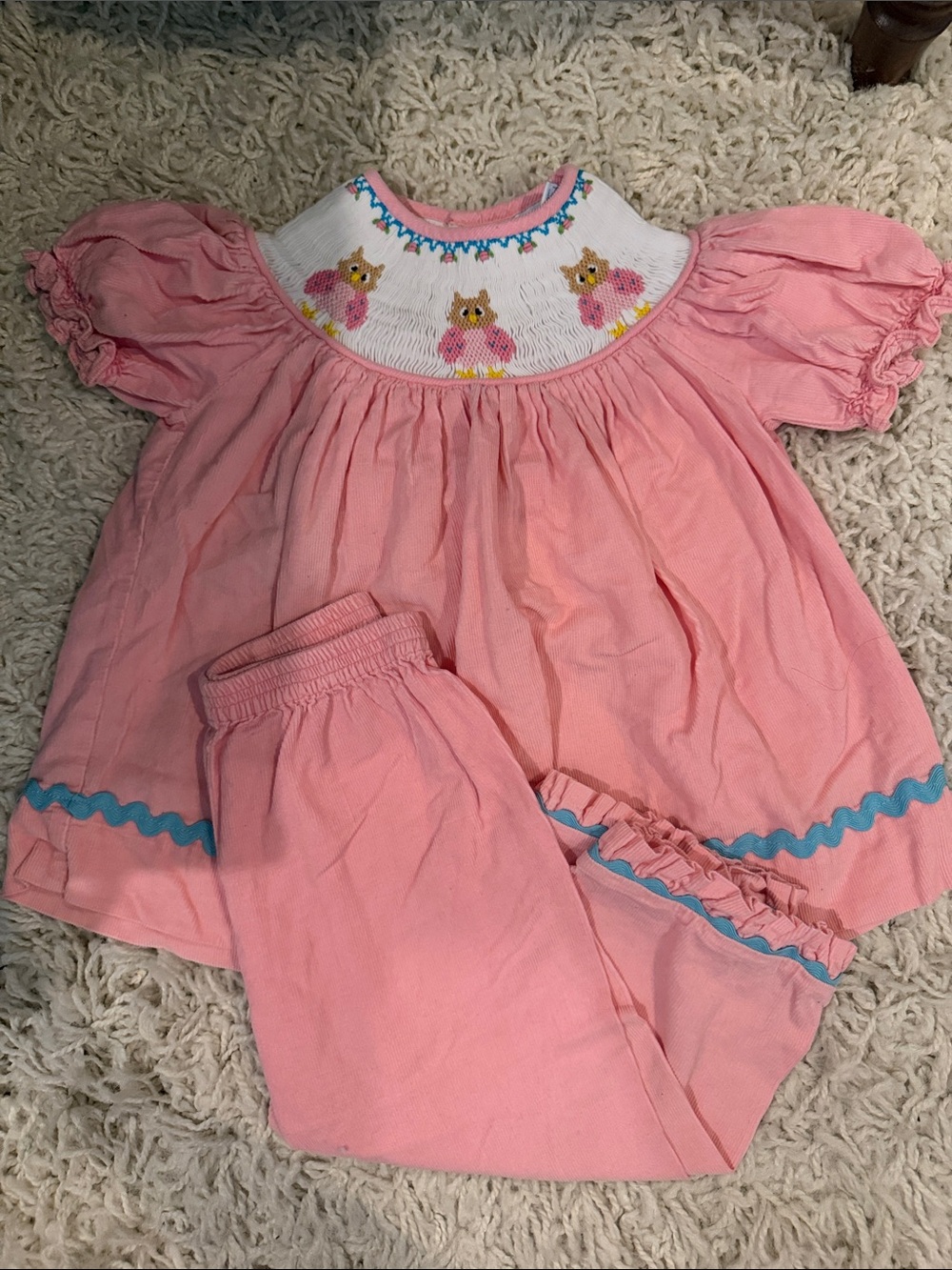 Pink Owl Smockedwith Blue Trim